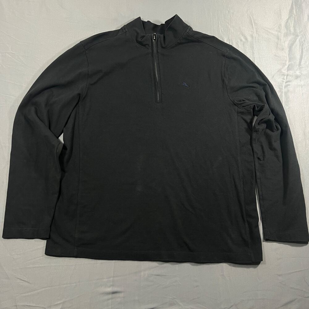 Tommy Bahama Mens XL Black Quarter Zip Pullover Sweater Cotton Modal Logo